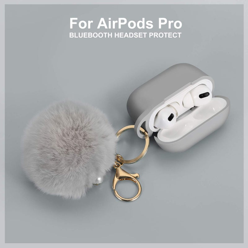 Cypher.V Protective Case Cover for Airpods Pro Charging Case, Upgraded Air Pods Silicone Case Skin with Soft Cute Ball Pom Pom Keychain Kit (A, Grey) - Image 2